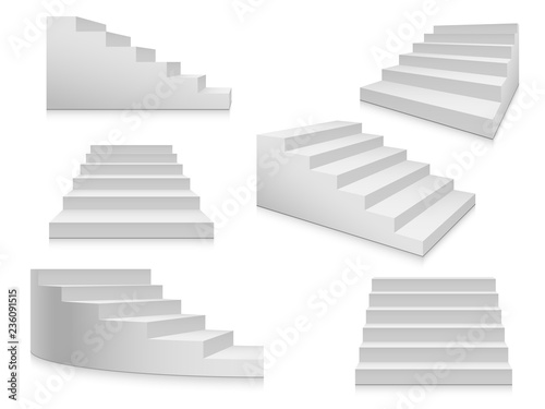 White stairs. Staircase, 3d stairway, interior staircases isolated. Steps ladder architecture element vector collection