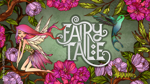 Cute fairy with with wings an flying colibri  in front of floral background