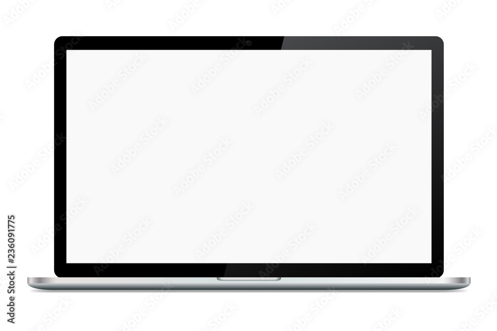 Realistic illustration of a silver laptop with blank white screen with webcam and black frame, isolated on white background Realistic illustration of a silver laptop with blank white screen with webcam and black frame, isolated on white background