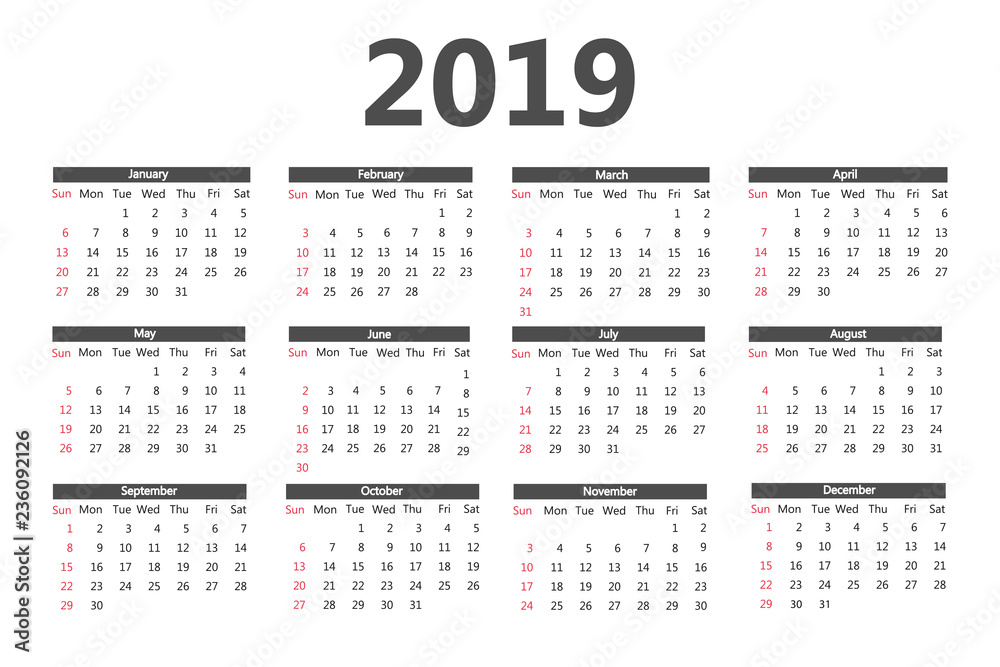 Calendar 2019 template. Week starts on Sunday. Simple style Calendar 2019 template. Week starts on Sunday. Simple style