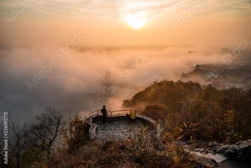 Photography floating fog in Budapest sunrise at Citadella Gellert hill