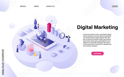 Flat isometric digital marketing concept with character for website landing page and mobile template.