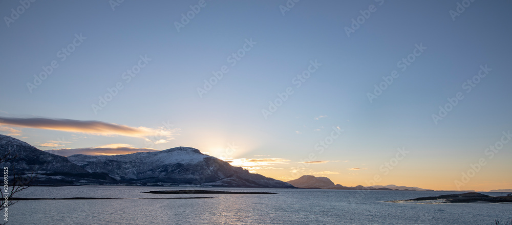 Cold winter sunrise outside Brønnøysund town in Nordland county