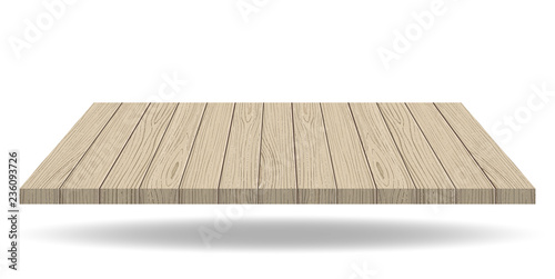 Empty wooden presentation board top on white background, display table with empty space. Vector illustration.