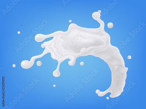 Abstract realistic milk splash isolated on blue background. vector illustration.