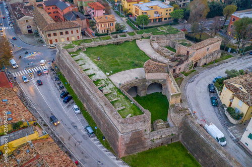 Aerial view of the medieval fortifications of popular travel destination beach town Fano in Italy near Rimini in the Marche region.