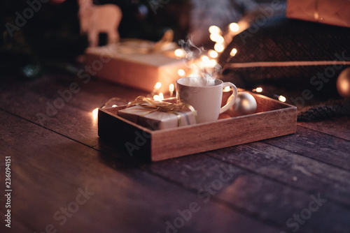 Chrismas concept cup of coffee, gift box balls,on the white background