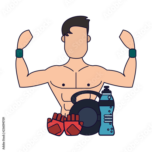Man flexing muscular arms and gym equipment