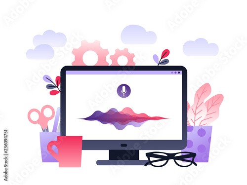 Personal assistant and voice recognition concept flat vector illustration of sound symbol intelligent technologies. Ultraviolet futuristic background with desktop and computer stuff.