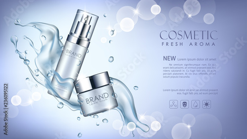 Vector bottle serum cosmetic mockup with  transparent water and shine on bokeh background, with your brand, ready for print ads or magazine design.