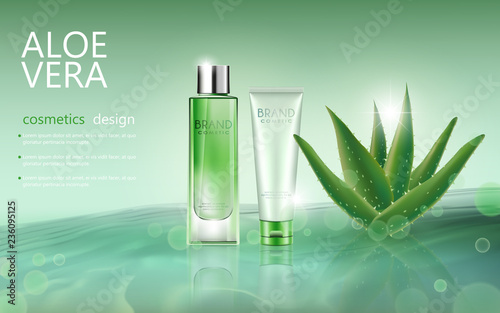 vector bottle aloe vera cosmetic mockup on green background, with your brand, ready for print ads or magazine design. Transparent and shine, realistic 3d style