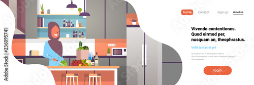 arabic woman cook kitchen interior arab lady chopping vegetables cooking at home faceless smile character horizontal banner flat copy space