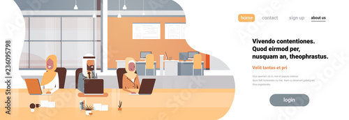 office workplace arabic team using laptop working process arab business people sitting together discussing flat horizontal banner copy space