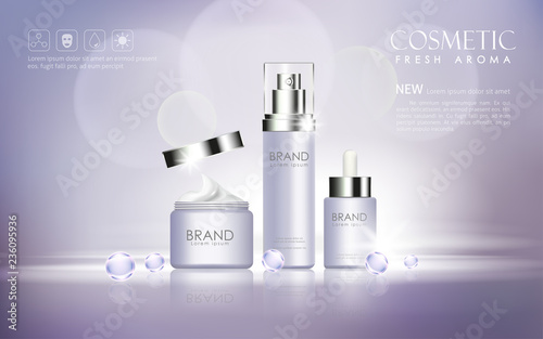 vector bottle cosmetic mockup on purple background, with your brand, ready for print ads or magazine design. Transparent and shine, realistic 3d style