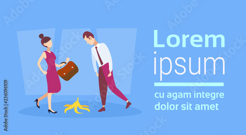 overworked business man woman stepping on banana skin peel work accident concept hard working process female male cartoon character flat horizontal copy space full length