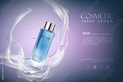 vector bottle fresh aroma cosmetic mockup on blue background, with your brand, ready for print ads or magazine design. Transparent and shine, realistic 3d style