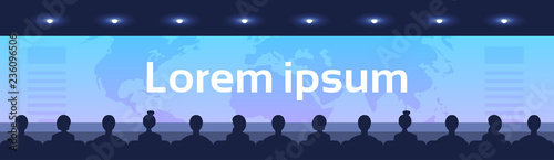 people sit cinema hall back rear view looking screen world map international business globalization concept video presentation copy space horizontal banner flat