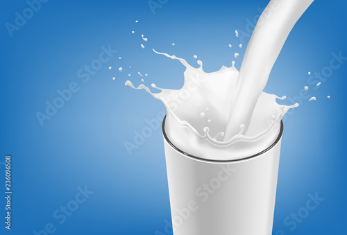 Abstract realistic milk drop with splashes isolated on blue background. vector illustration