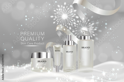 Beauty product, white cosmetic containers with advertising background ready to use, holiday concept skin care ad, illustration vector.