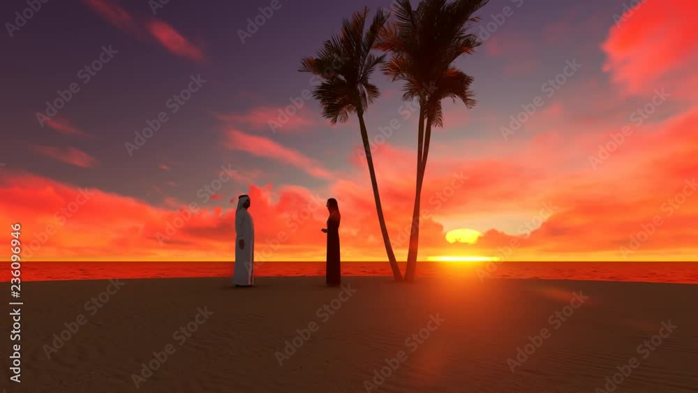 Sunset silhouette Arabic people on desert sands Sunset silhouette Arabic people on desert sands