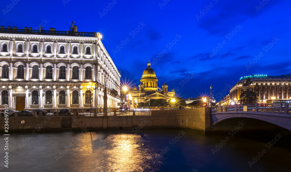 St. Isaac's Cathedral and Moyka river at night, Saint Petersburg, Russia