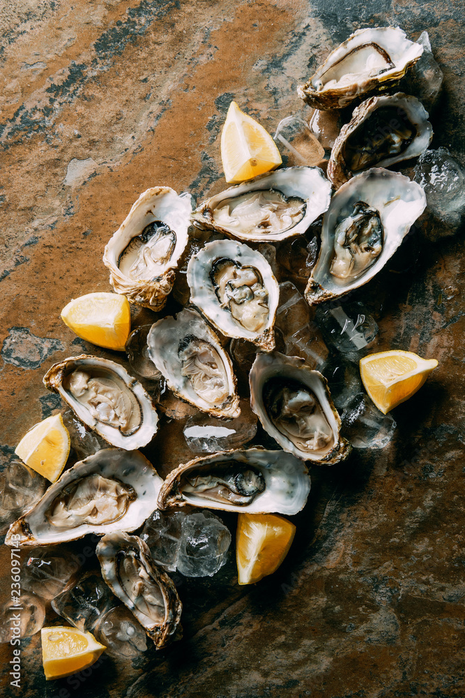 food composition of oysters, lemon pieces and ice on grungy tabletop food composition of oysters, lemon pieces and ice on grungy tabletop