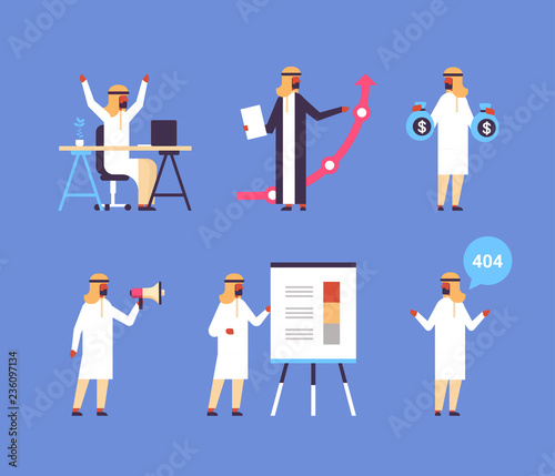 set arabic businessmen different professions collection analyst announcer flipchart presentation error 404 male cartoon character flat full length