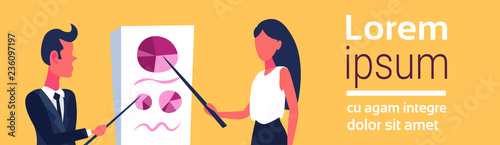 business couple pointing flipchart finance diagram presenting graphs statistic concept man woman brainstorming analyst cartoon character horizontal banner copy space flat portrait vector illustration