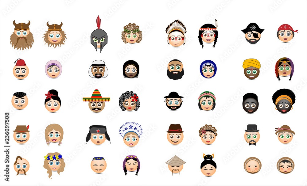 Emotions smiles set. Ethnic emoji. Vector illustrations.