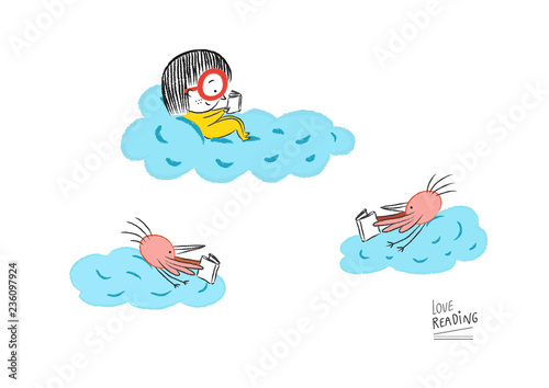 Little girl reading in the clouds accompanied by birds, vector illustration