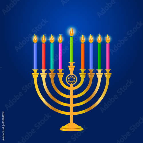 Hanukkah menorah with candles and star of david isolated on background. Vector illustration