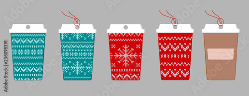 Tags paper knitted cups turquoise and red with snowflakes