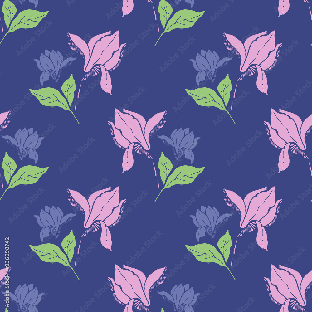 Magnolia flower skecth with ink hand drawn seamless pattern