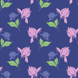 Magnolia flower skecth with ink hand drawn seamless pattern