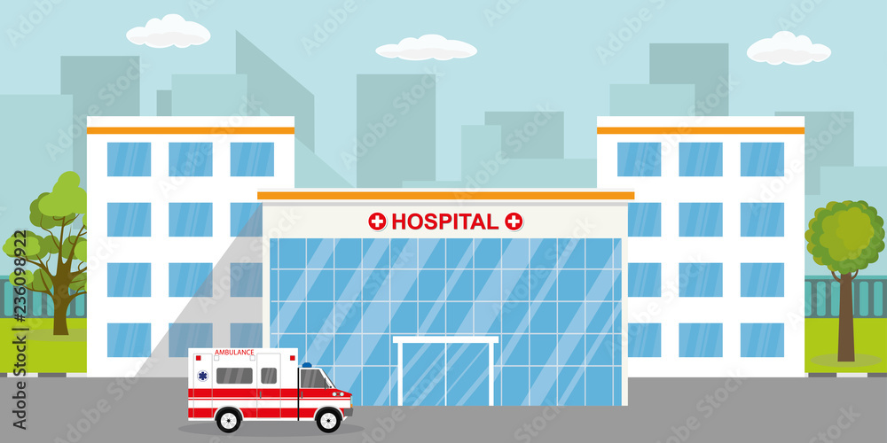 Ambulance car,hospital or clinic building. Ambulance car,hospital or clinic building.