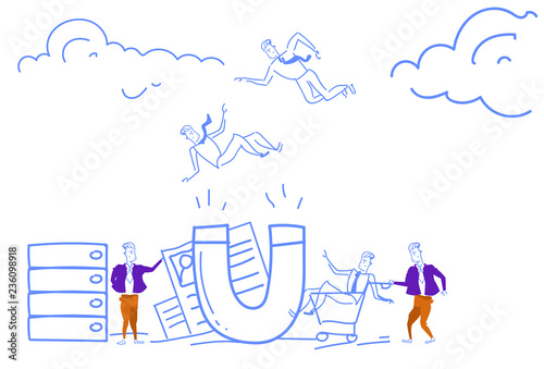 Customer retention businessmen giant magnet attracts client stuff recruitment concept catching best resume workers success strategy attraction horizontal sketch doodle