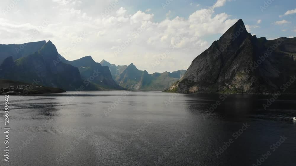 Scenic fjord landscape above the arctic circle, coast nature with sharp mountain peaks, Lofoten islands North Norway