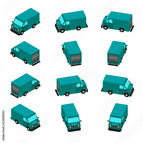 Animation of the rotation of the car in isometric view. Delivery van with different viewing angles.