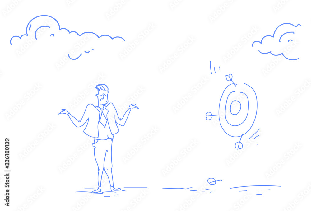 grieved businessman miss unsuccessful shot target goal business failure concept confused man sketch doodle horizontal