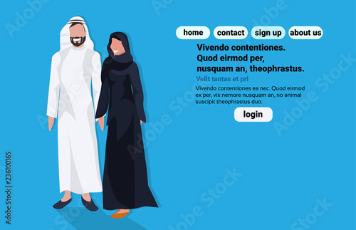 Arabic business man woman wearing traditional clothes arab couple black white saree standing together cartoon character avatar blue background flat full length horizontal copy space