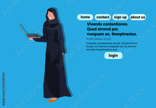 Arabic woman using laptop wearing traditional clothes black saree arab businesswoman female cartoon character avatar blue background flat full length horizontal copy space