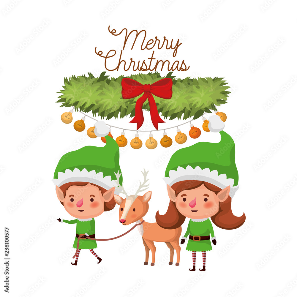 elf couple with sleigh and merry christmas time elf couple with sleigh and merry christmas time