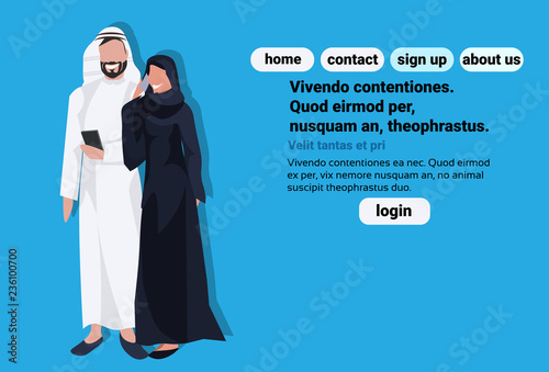 Arabic business man woman using smartphone wearing traditional clothes arab couple black white saree standing together cartoon character avatar blue background flat full length horizontal copy space