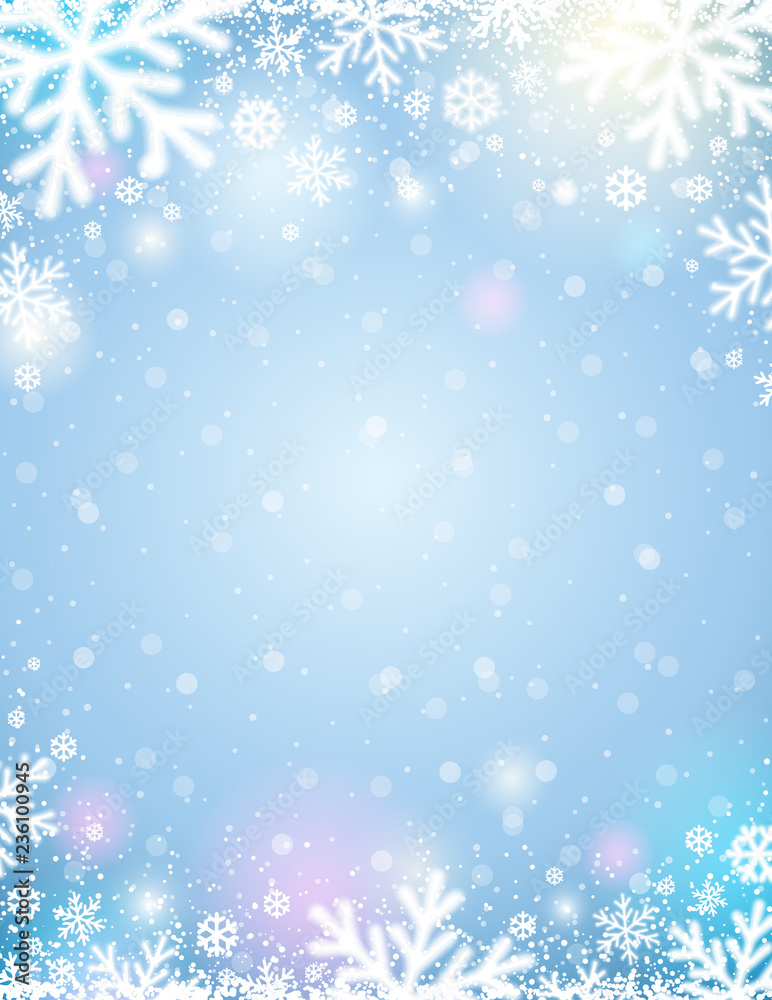 Blue christmas background with white blurred snowflakes, vector ...