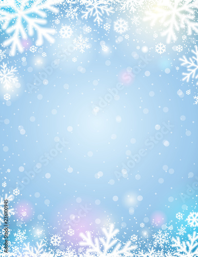 Blue  christmas background with white blurred snowflakes, vector illustration