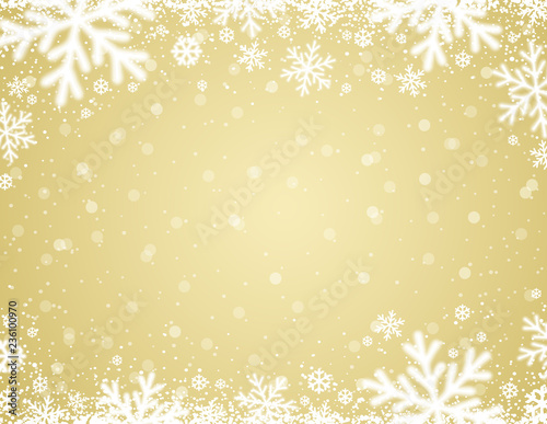 Yellow  christmas background with white blurred snowflakes, vector illustration