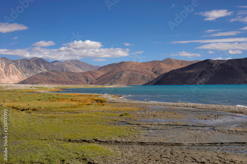 Pangong Lake, Jammu and Kashmir, India. Pangong Tso or high grassland lake extends from India to China.