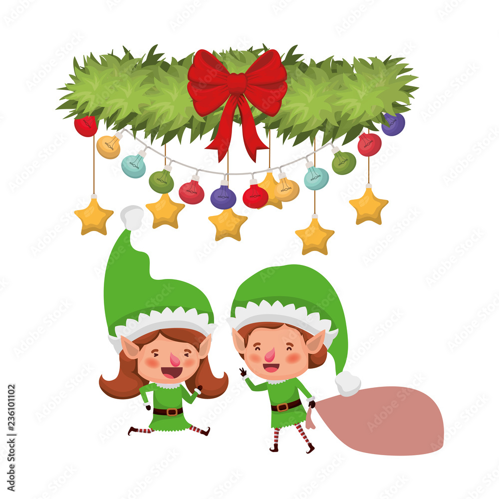 elf couple with gift bag and garland with christmas balls