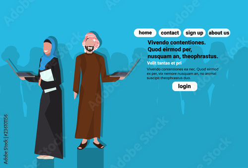 Arabic couple holding paper document laptop wearing traditional clothes saree working communication online education concept arab business man woman cartoon character full length avatar flat