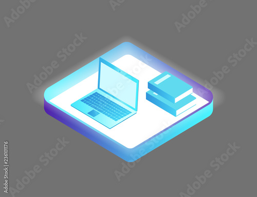 Laptop and Books Set Icons Vector Illustration